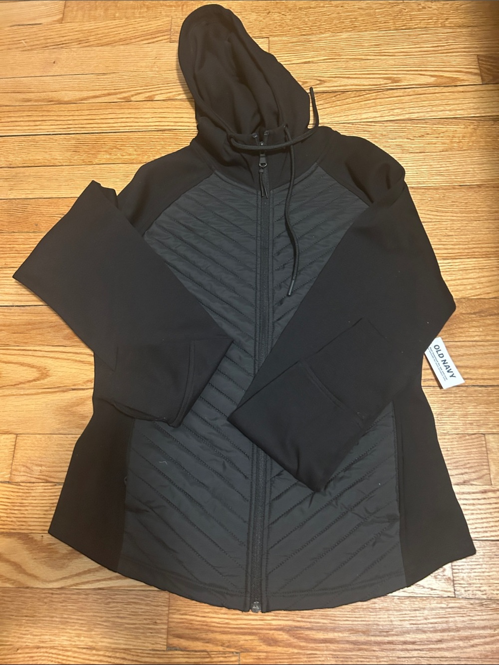 Old Navy Black Quilted Panel Hooded Jacket, NWT